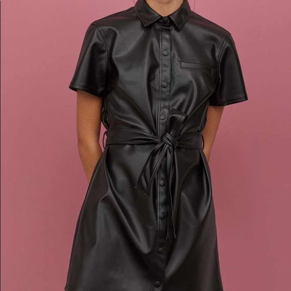 H&M Leather short sleeve mini dress with buttons and belt